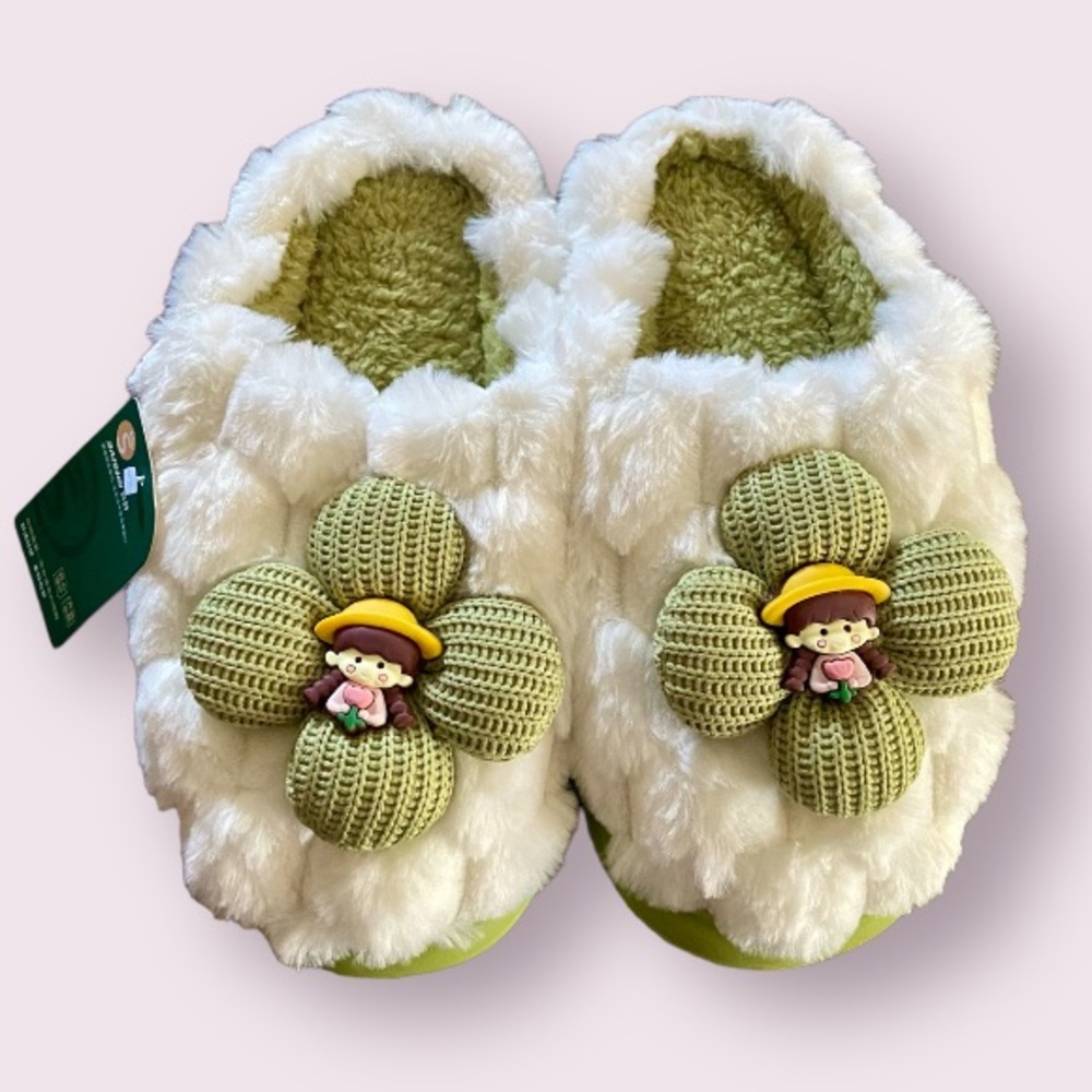 Fluffy Kawaii Four Leaf Clover with Cute Girl Slippers